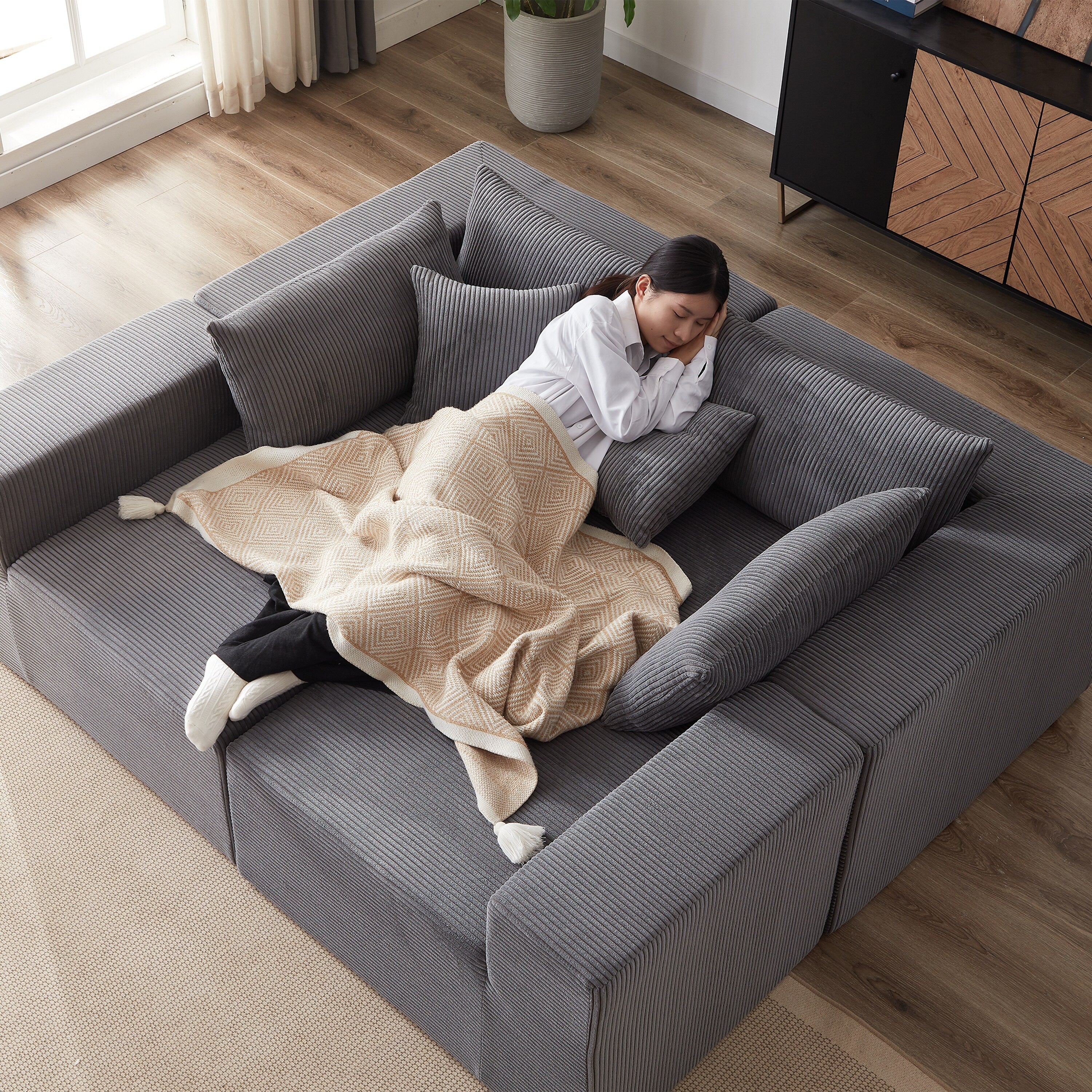 Canapé d'angle modulaire en velours côtelé de 264 cm (104 pouces), ensemble de canapés au sol, canapé compressé rempli de mousse, combinaison libre de 4 pièces