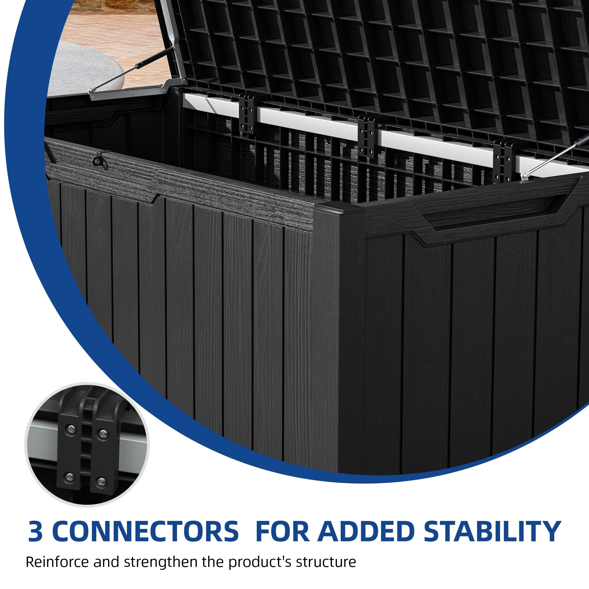 Coffre de terrasse verrouillable en résine résistante à l'eau, grande capacité (120-260 gallons).