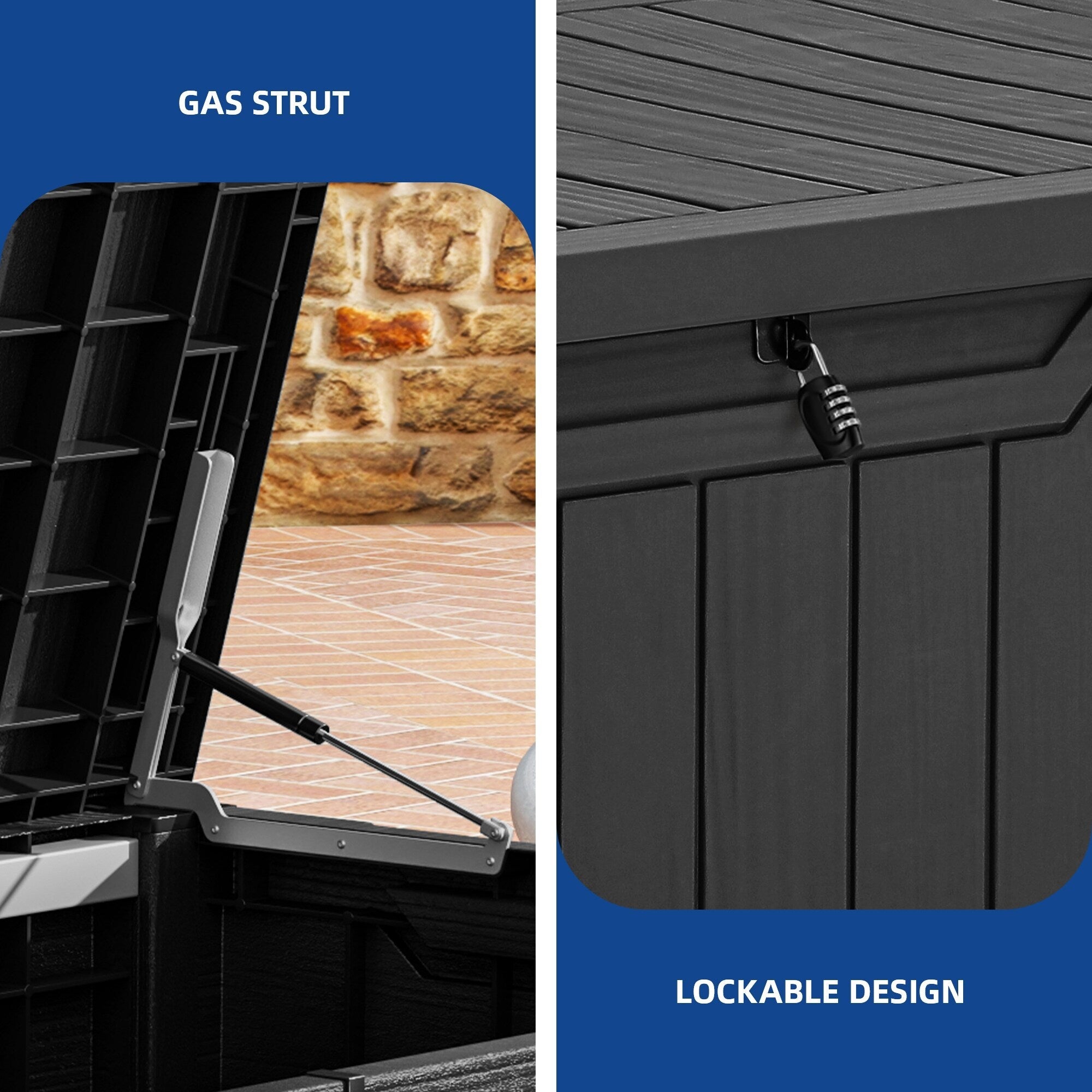 Coffre de terrasse verrouillable en résine résistante à l'eau, grande capacité (120-260 gallons).