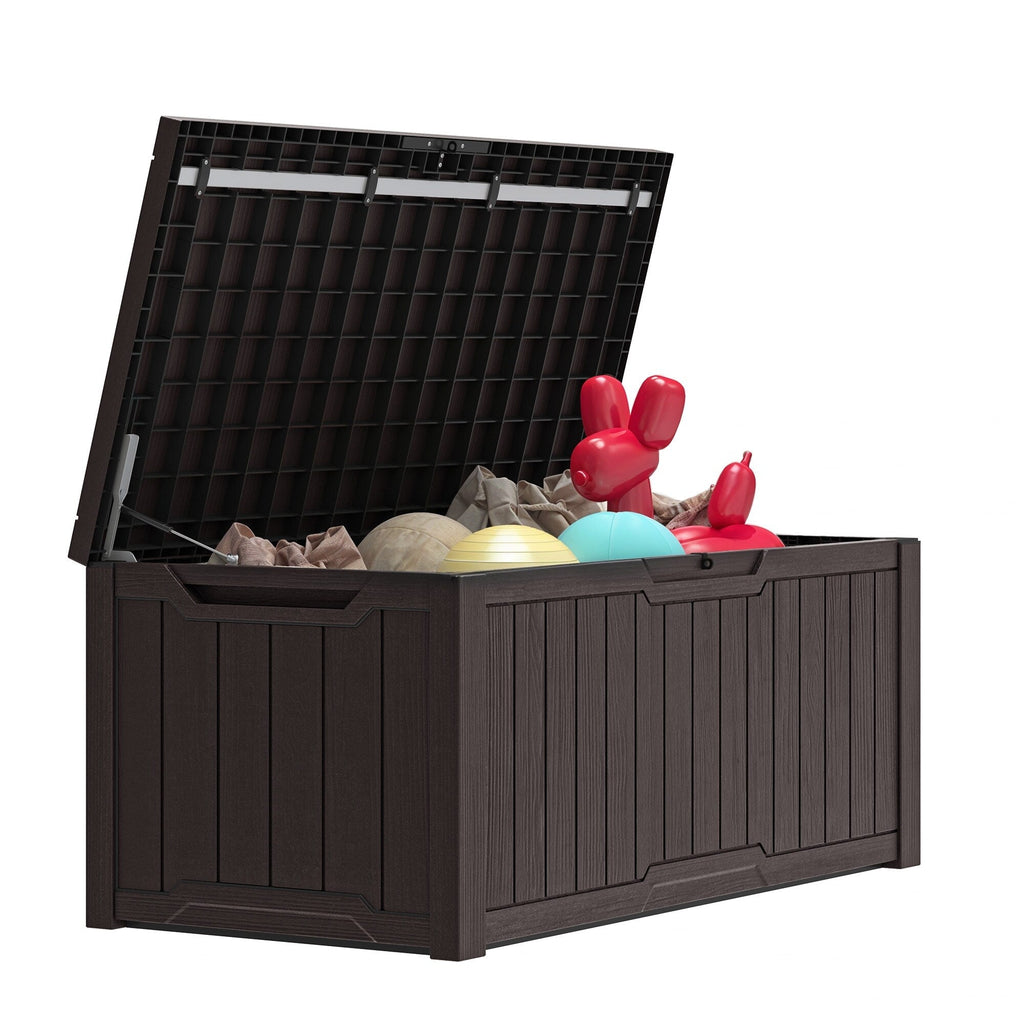 Coffre de terrasse verrouillable en résine résistante à l'eau, grande capacité (120-260 gallons).