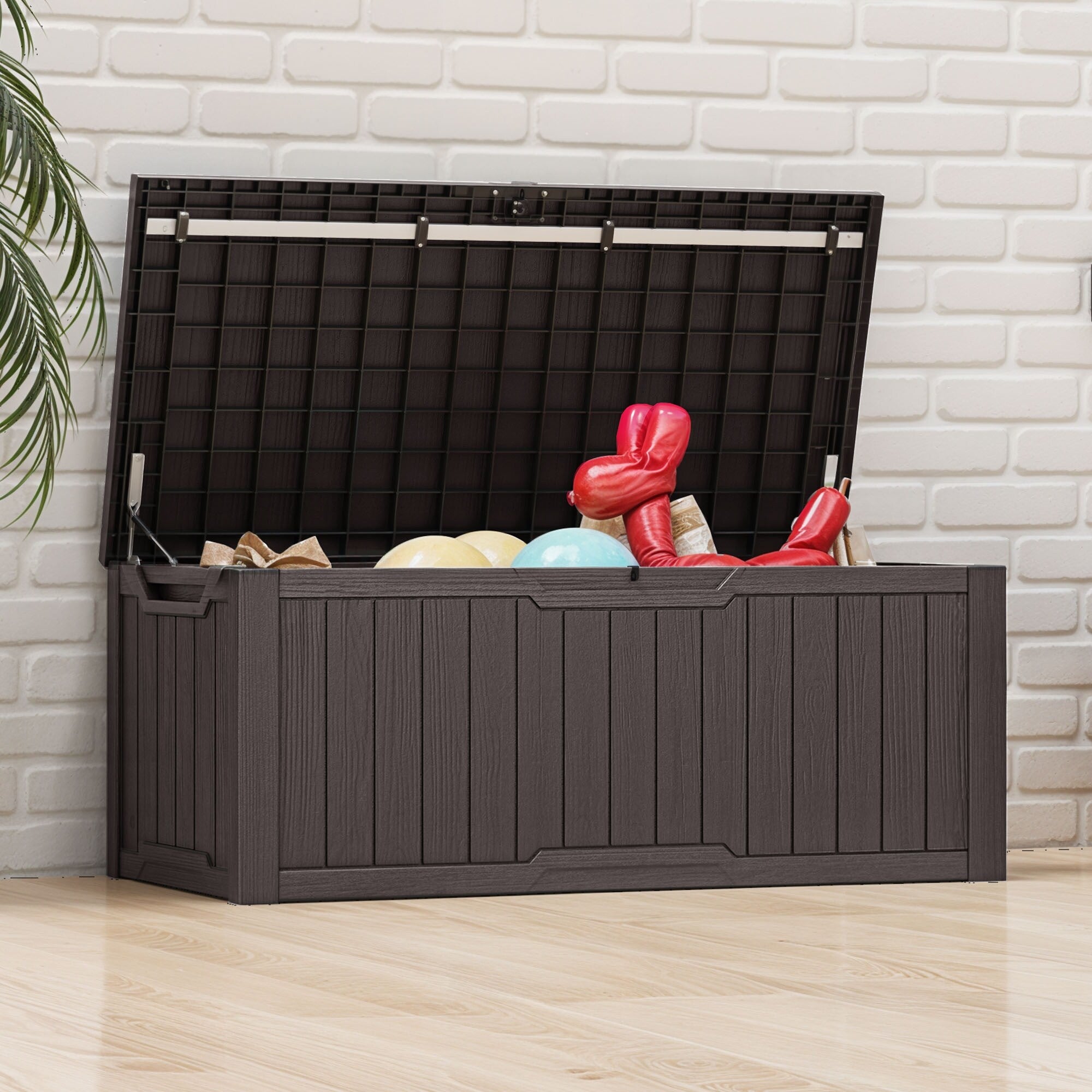 Coffre de terrasse verrouillable en résine résistante à l'eau, grande capacité (120-260 gallons).