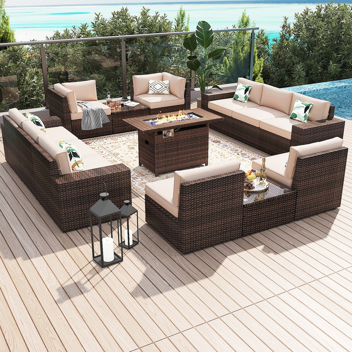 Ensemble de mobilier de patio 13 pièces avec table de foyer de 44 pouces