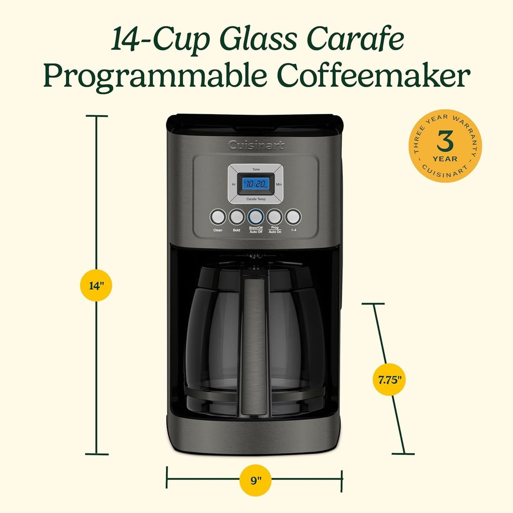 Cafetière programmable 14 tasses, carafe en verre, contrôle de l'intensité du café, réglage de 1 à 4 tasses, acier inoxydable noir