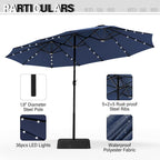 Parasol de marché d'extérieur rectangulaire de 4,57 m (15 pieds) à manivelle, double face, avec éclairage solaire LED et base incluse.