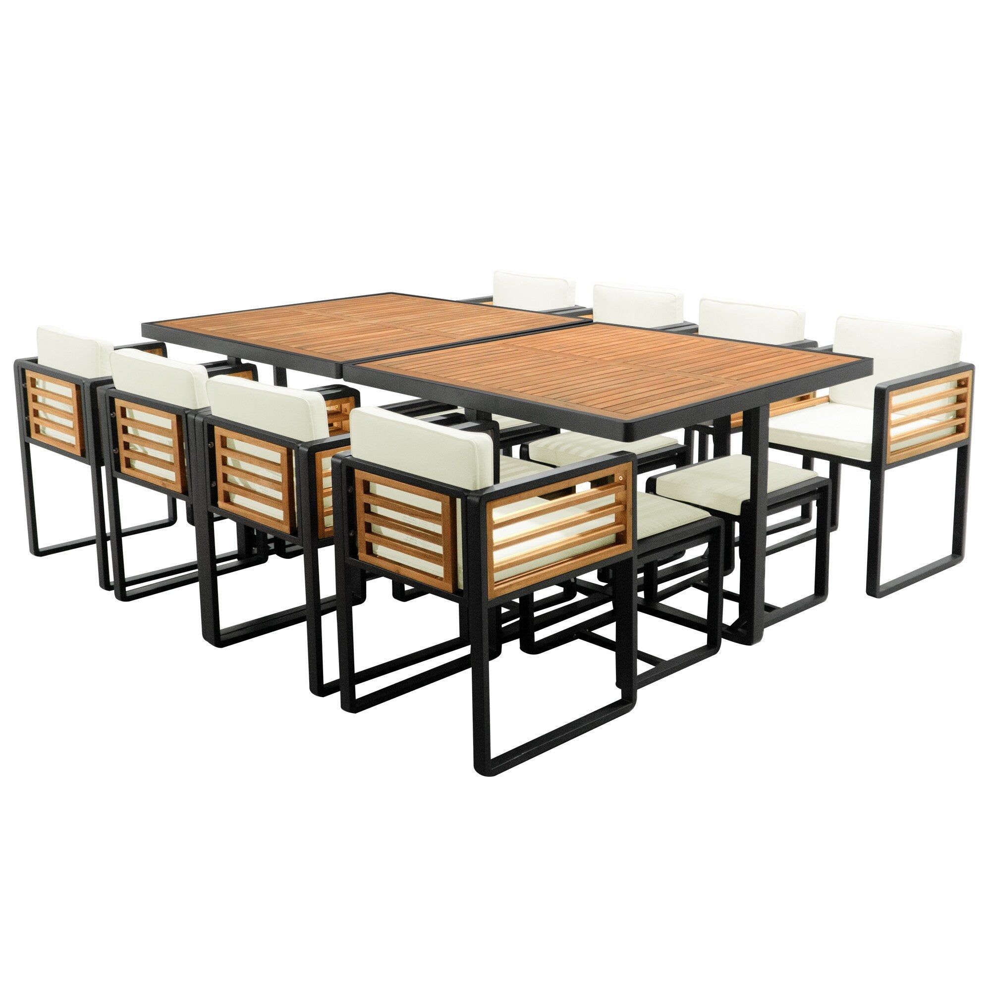 Ensemble de salle à manger de patio en bois d'acacia 18 pièces, comprenant 8 chaises rembourrées, 8 poufs et 2 tables carrées