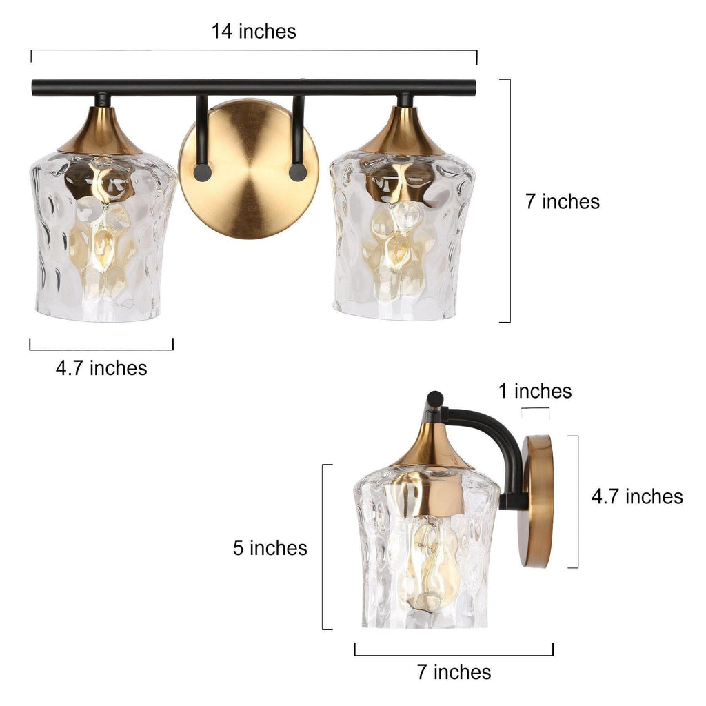 Applique murale moderne à 2/3/4 lumières, finition or et noir, avec verre martelé.
