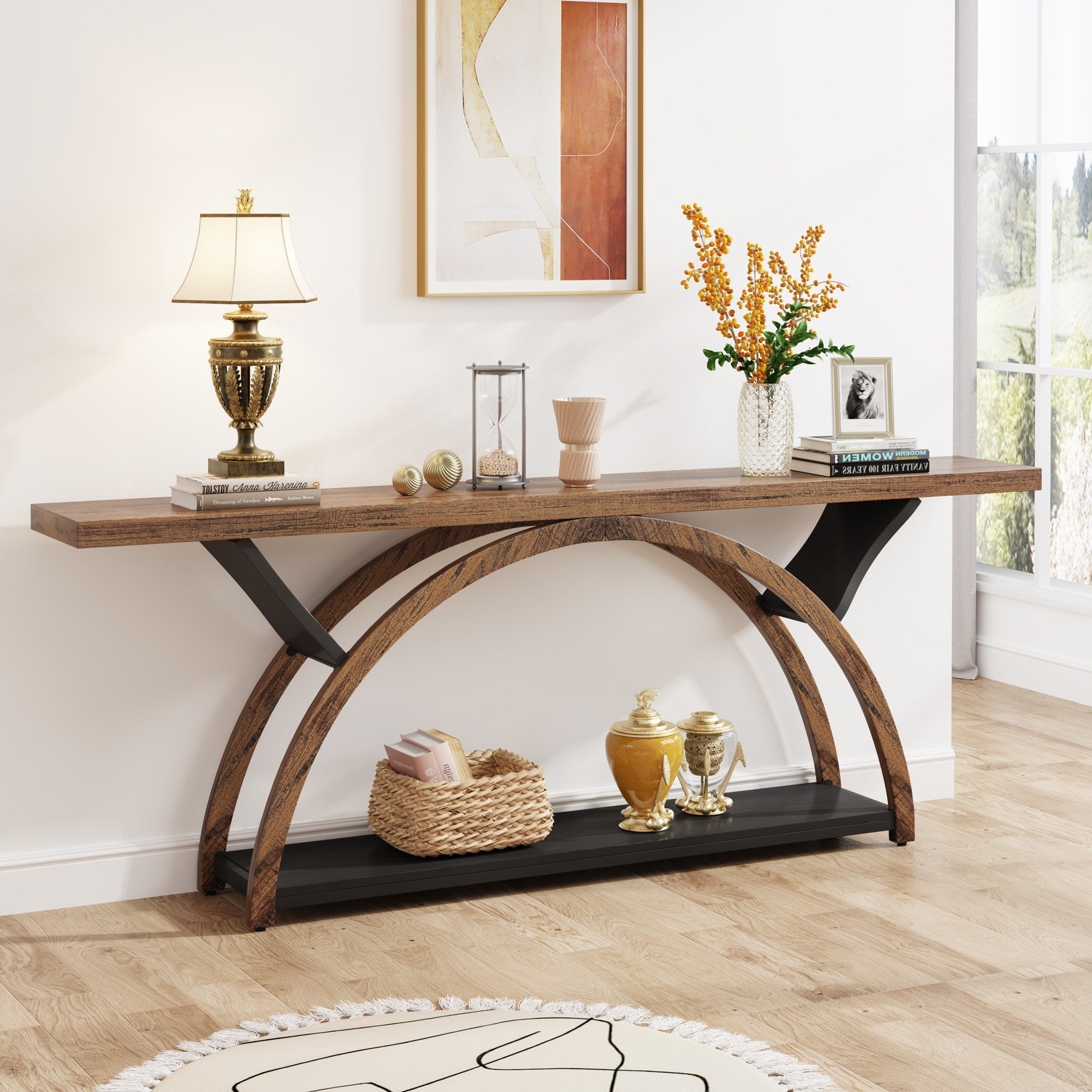 Console allongée et étroite à 2 niveaux avec cadre semi-circulaire pour entrée, table d'appoint grise pour couloir