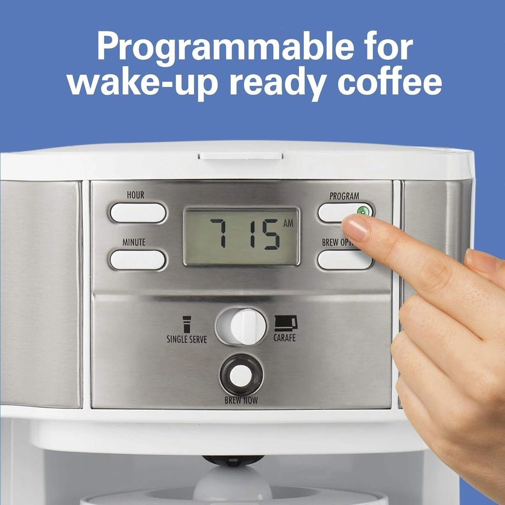 Cafetière 2 en 1 (12 tasses) et dosette individuelle, carafe en verre, pause et versement automatiques, blanche