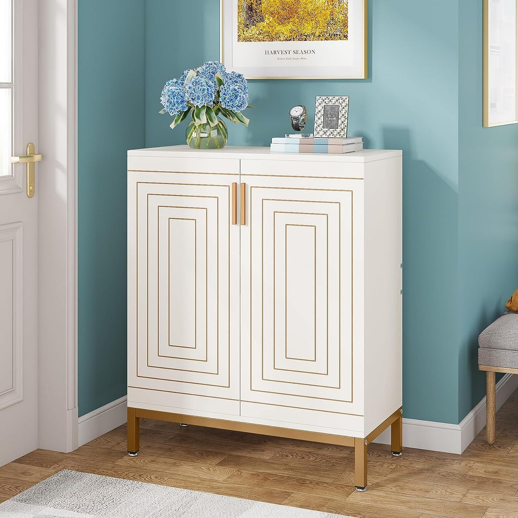 Meuble à chaussures pour 20 paires, 95 cm (37,4 pouces), meuble de rangement moderne avec portes, blanc et or