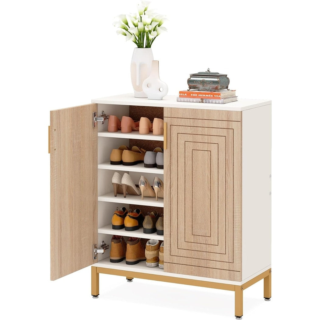 Meuble à chaussures pour 20 paires, 95 cm (37,4 pouces), meuble de rangement moderne avec portes, blanc et or