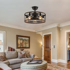 Ventilateur de plafond extra-plat de 50 cm avec éclairage intégré, finition bois style ferme moderne et télécommande.