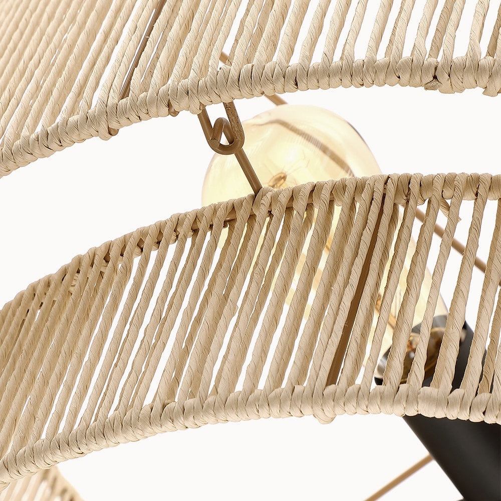 Lustre tambour étagé en rotin à 4 lumières avec rosace noire - 56 cm (22 po) de largeur