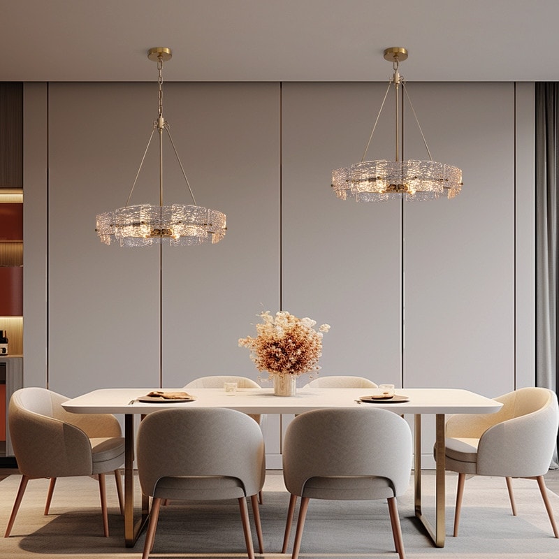 Lustre moderne en cristal doré de 60 cm (23,6 po) avec suspension tambour glamour à 6 lumières, idéal pour îlot de cuisine ou salle à manger.
