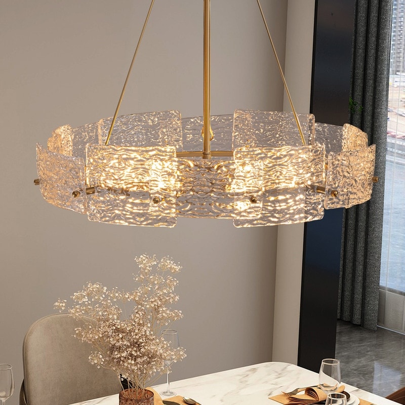 Lustre moderne en cristal doré de 60 cm (23,6 po) avec suspension tambour glamour à 6 lumières, idéal pour îlot de cuisine ou salle à manger.