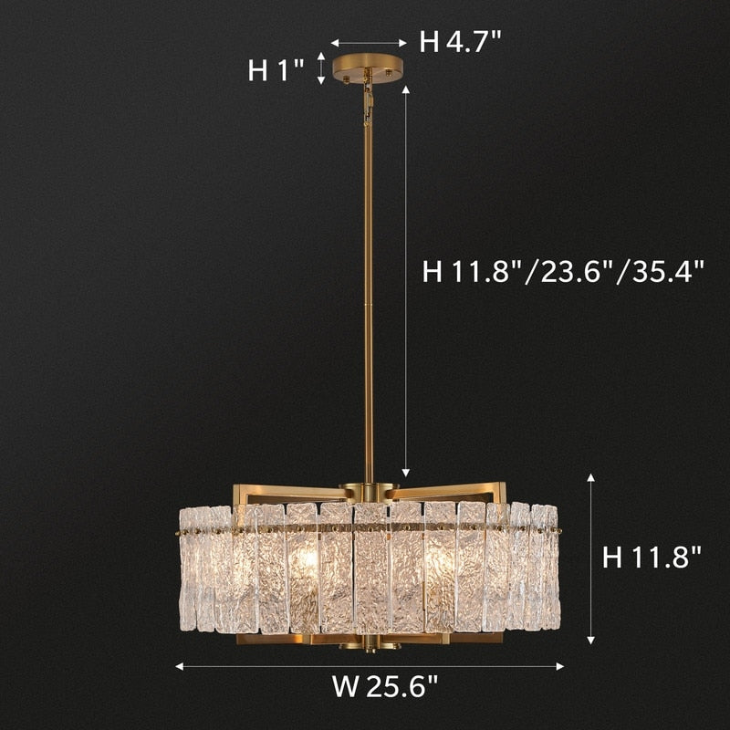 Lustre tambour moderne doré de 66 cm (26 po) en cristal, suspension à 6 lumières avec variateur, verre dépoli, idéal pour îlot de cuisine ou salle à manger.