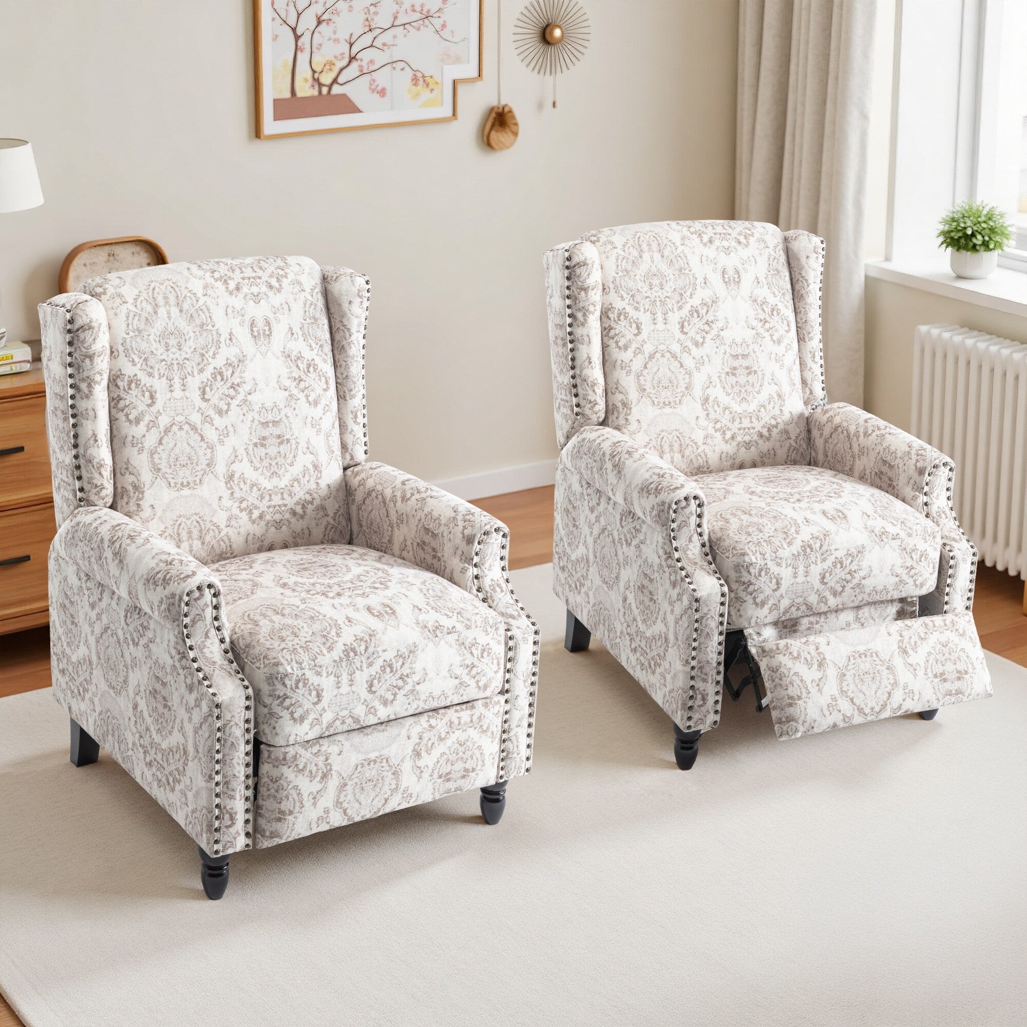 Ensemble de 2 fauteuils inclinables manuels à motif floral vintage de 74 cm de large