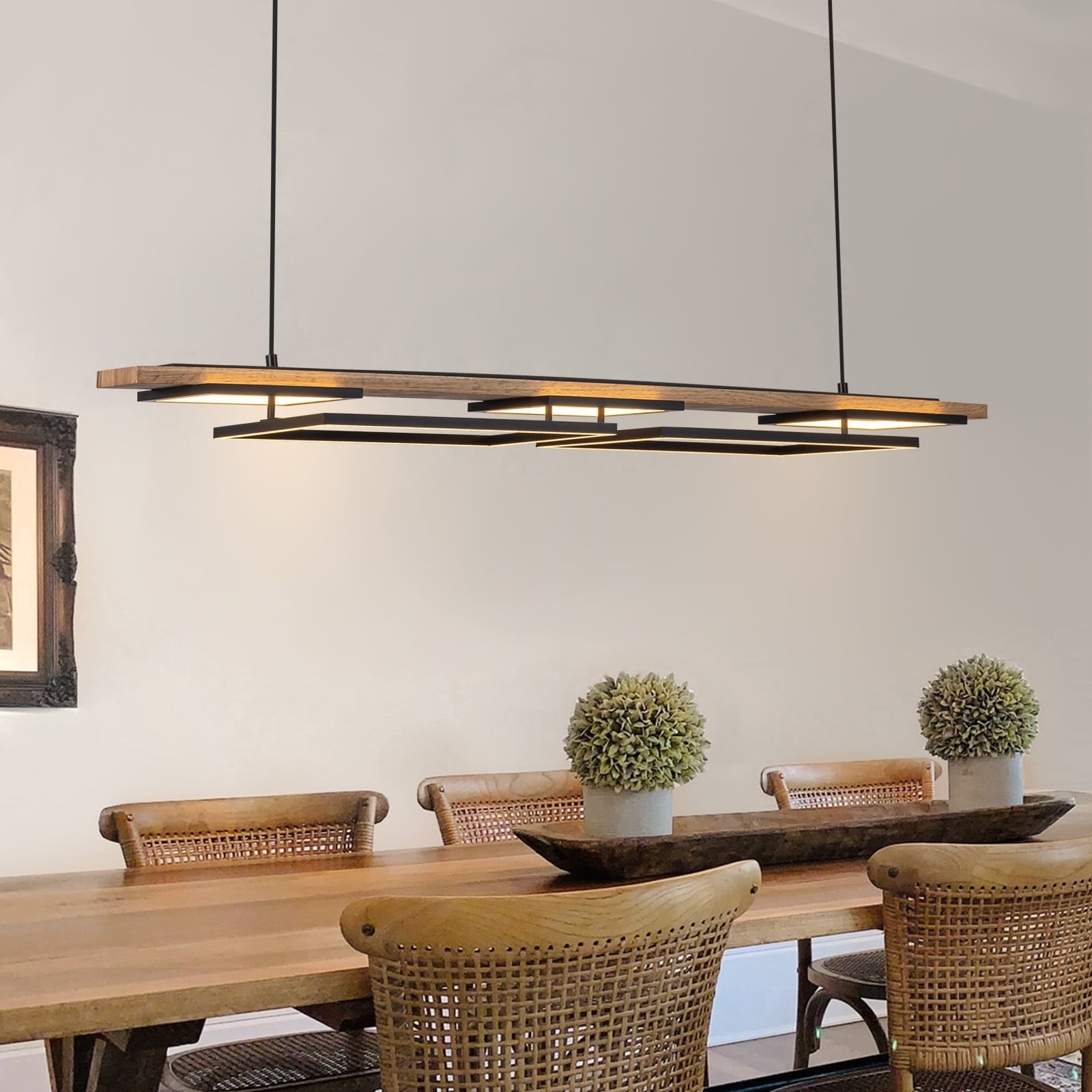 Lustre linéaire en bois à 3 ou 5 lumières LED intégrées, suspension pour îlot de cuisine