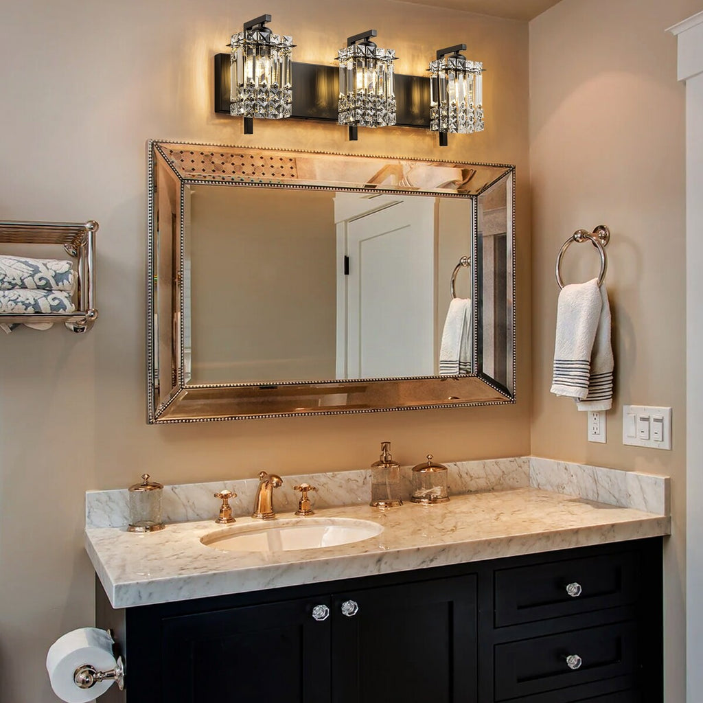 Applique murale moderne et glamour à 3 lumières pour salle de bain, avec miroir en cristal