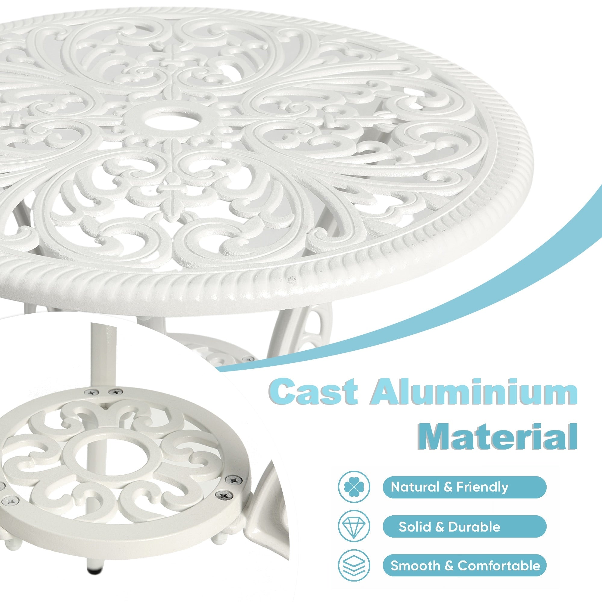 Ensemble table et chaises papillon d'extérieur en aluminium 3 pièces avec trou pour parasol