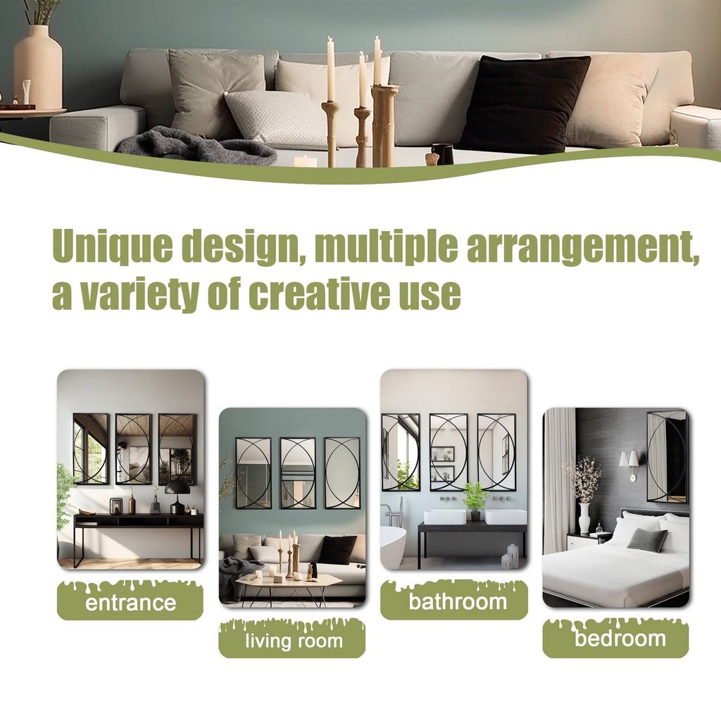 Ensemble de 3 miroirs muraux rectangulaires en métal noir - 31,9 cm (H) x 15,75 cm (L) x 0,75 cm (P)