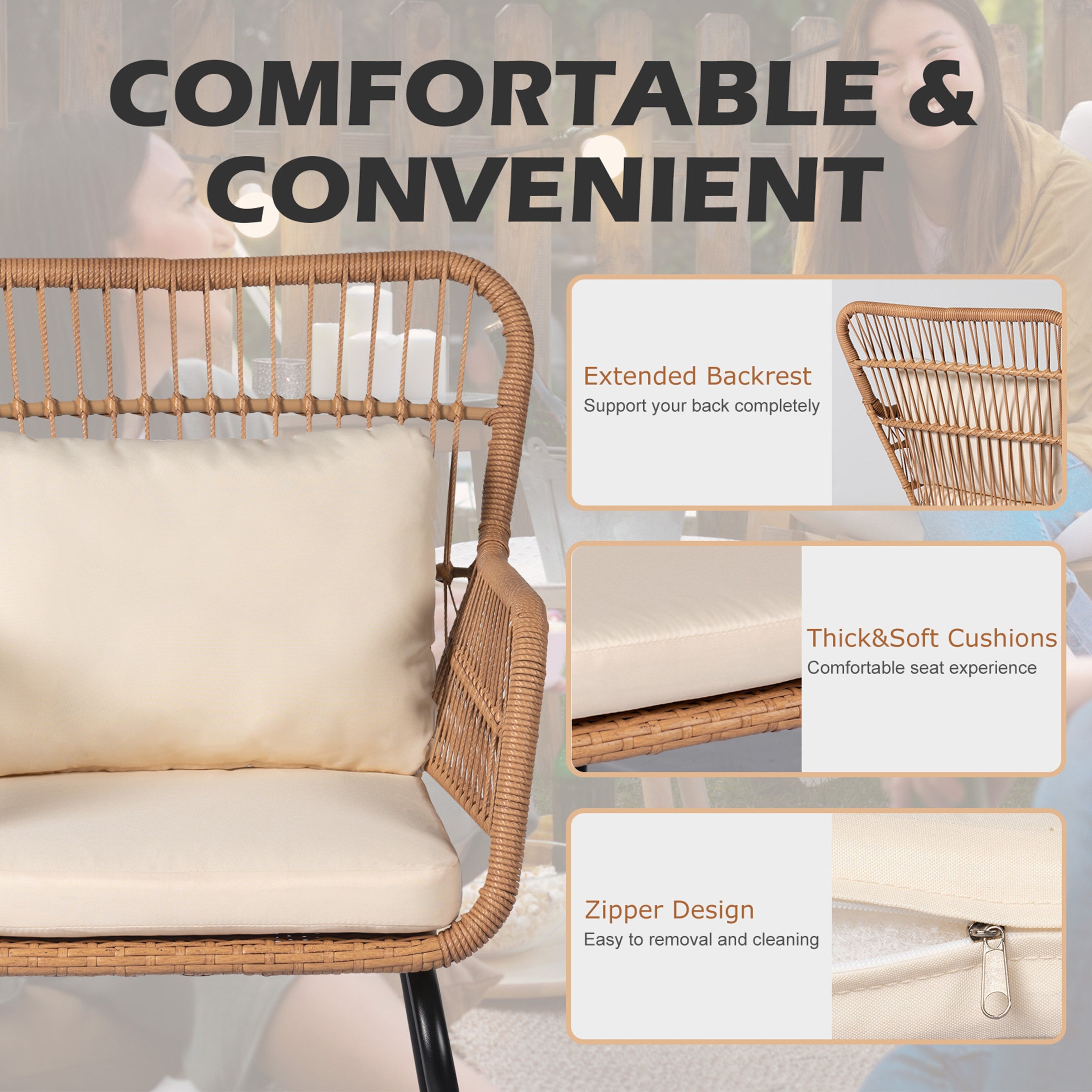 Ensemble bistro de conversation en résine tressée 3 pièces pour extérieur, mobilier de patio en rotin résistant aux intempéries avec coussins