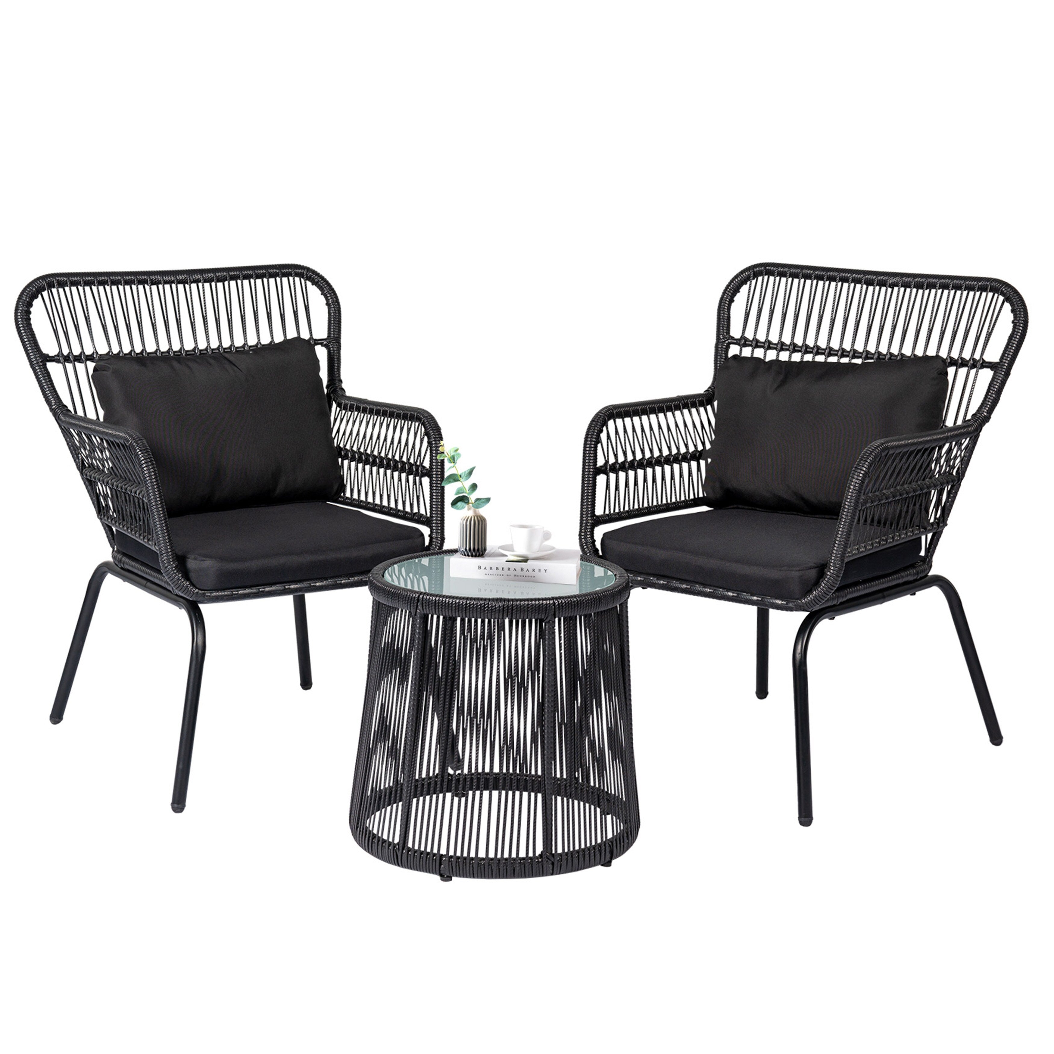 Ensemble bistro de conversation en résine tressée 3 pièces pour extérieur, mobilier de patio en rotin résistant aux intempéries avec coussins