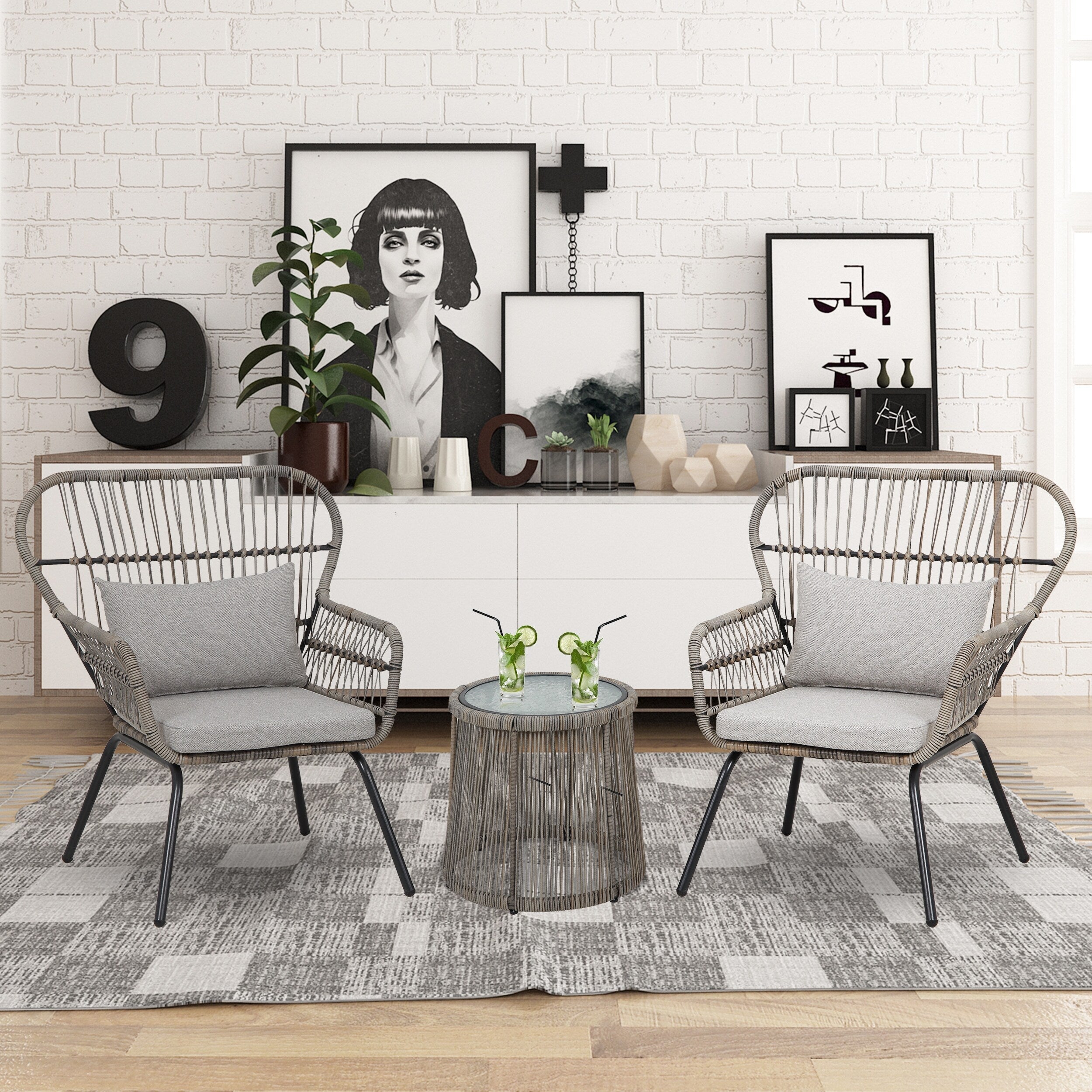 Ensemble bistro de conversation en résine tressée 3 pièces pour extérieur, mobilier de patio en rotin résistant aux intempéries avec coussins