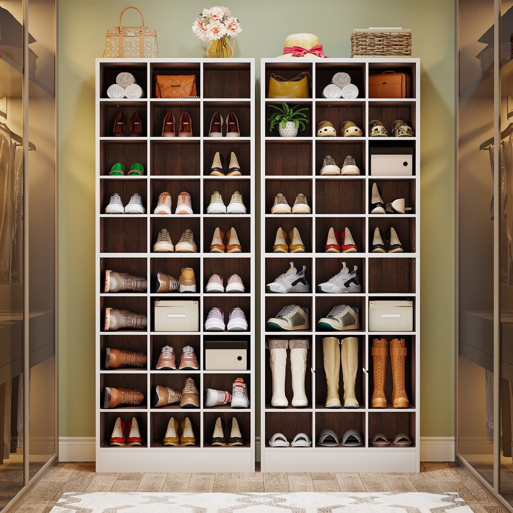 Armoire à chaussures haute pour 30 paires, étagère à chaussures en bois blanc à 10 niveaux pour placard ou entrée - 10 niveaux