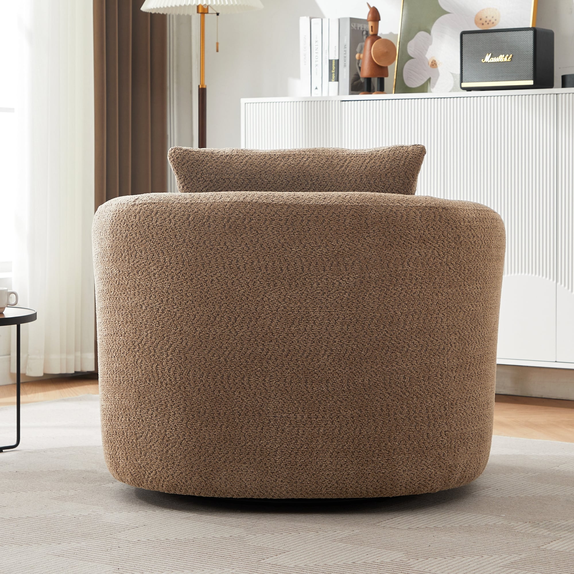 Fauteuil pivotant à 360°, fauteuil d'appoint en bouclette de 38,2 cm avec coussin décoratif, fauteuil-canapé rembourré de forme cylindrique avec accoudoirs incurvés