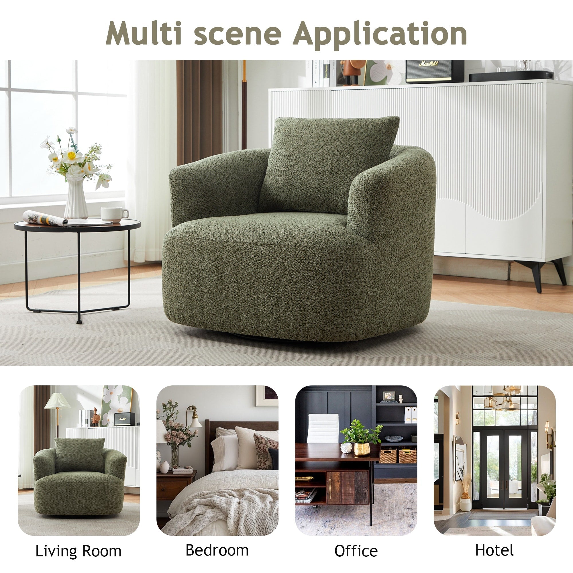 Fauteuil pivotant à 360°, fauteuil d'appoint en bouclette de 38,2 cm avec coussin décoratif, fauteuil-canapé rembourré de forme cylindrique avec accoudoirs incurvés