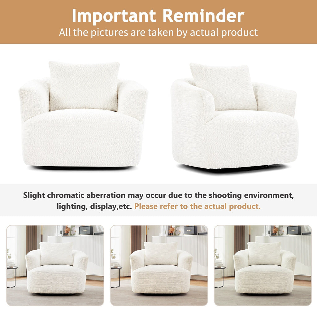 Fauteuil pivotant à 360°, fauteuil d'appoint en bouclette de 38,2 cm avec coussin décoratif, fauteuil-canapé rembourré de forme cylindrique avec accoudoirs incurvés
