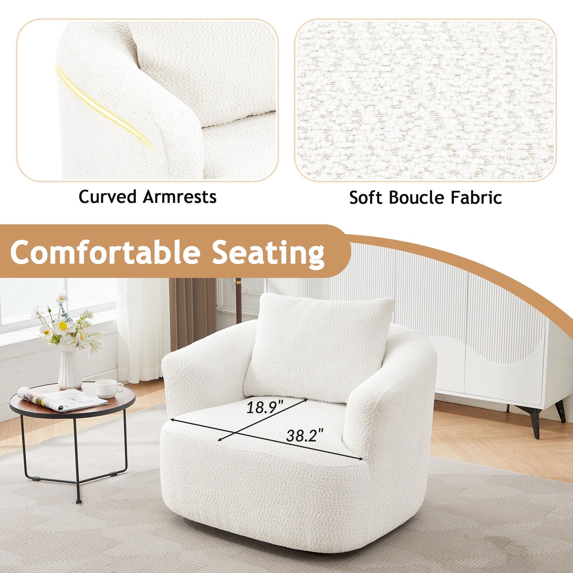 Fauteuil pivotant à 360°, fauteuil d'appoint en bouclette de 38,2 cm avec coussin décoratif, fauteuil-canapé rembourré de forme cylindrique avec accoudoirs incurvés