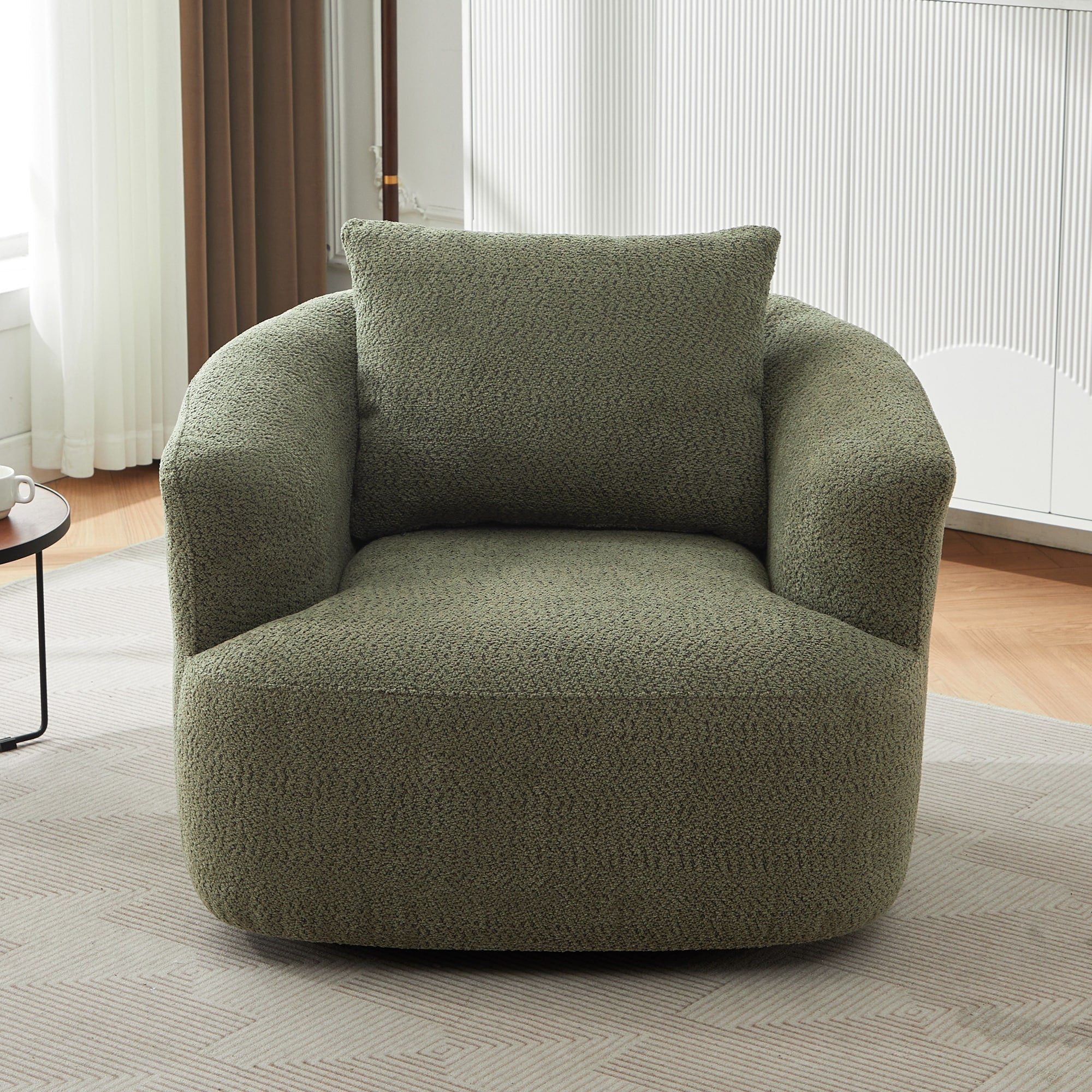 Fauteuil pivotant à 360°, fauteuil d'appoint en bouclette de 38,2 cm avec coussin décoratif, fauteuil-canapé rembourré de forme cylindrique avec accoudoirs incurvés