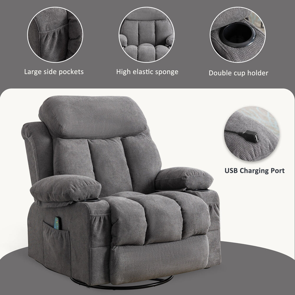 Fauteuil inclinable pivotant à 360° avec massage, chauffage, port USB et porte-gobelets
