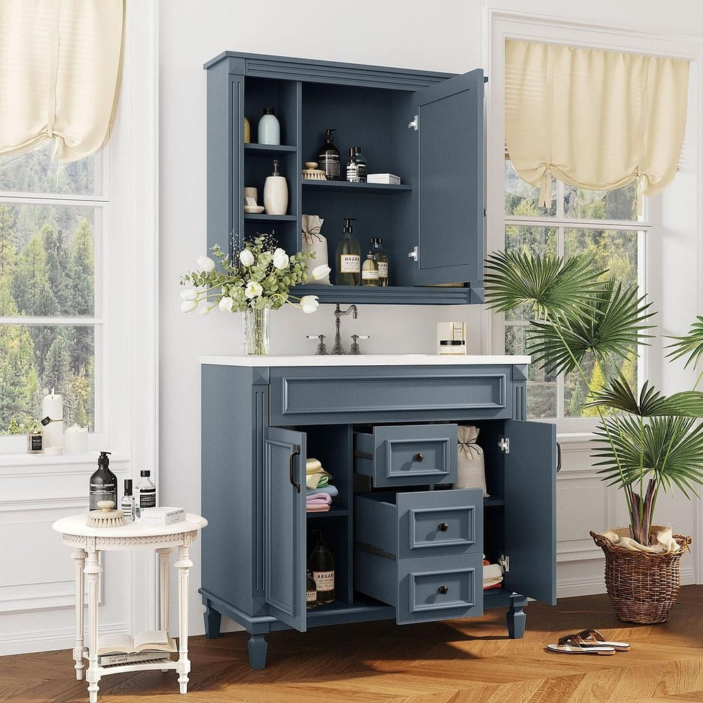 Meuble-lavabo moderne de 91 cm (36 po) avec vasque et armoire à miroir, 2 portes et 2 tiroirs