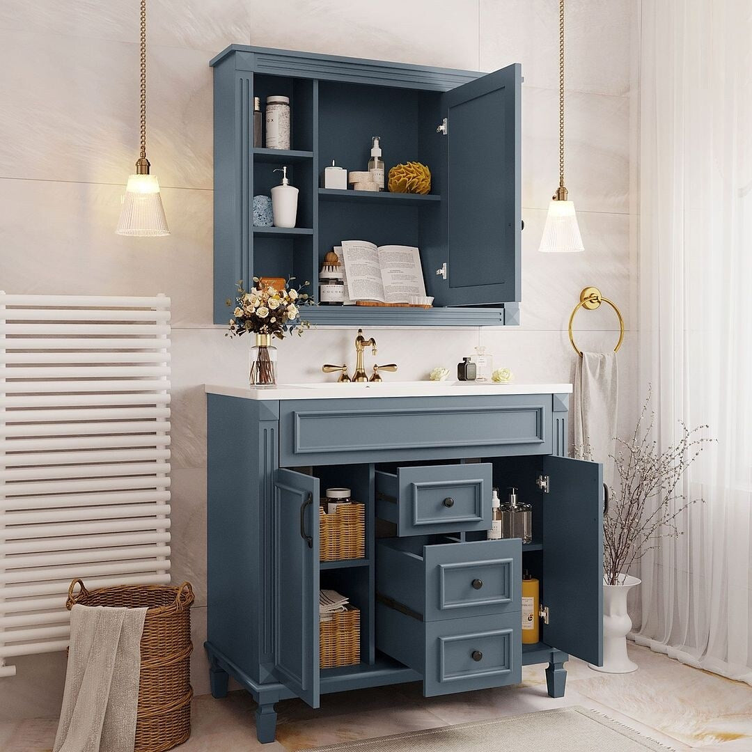 Meuble-lavabo moderne de 91 cm (36 po) avec vasque et armoire à miroir, 2 portes et 2 tiroirs