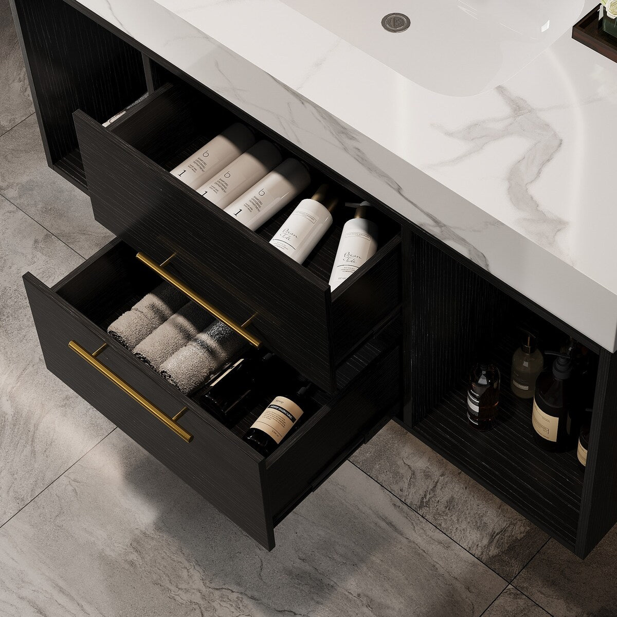 Meuble-lavabo suspendu de 100 cm (39,4 po) avec vasque en céramique, 2 tiroirs à fermeture amortie et plateau en ardoise blanche - 100 x 58 cm (39 x 18,9 po)