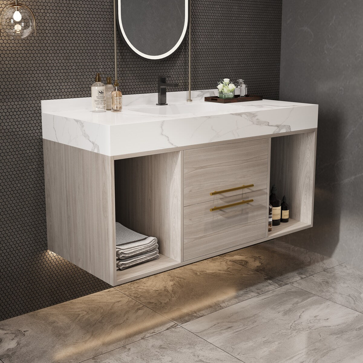 Meuble-lavabo suspendu de 100 cm (39,4 po) avec vasque en céramique, 2 tiroirs à fermeture amortie et plateau en ardoise blanche - 100 x 58 cm (39 x 18,9 po)