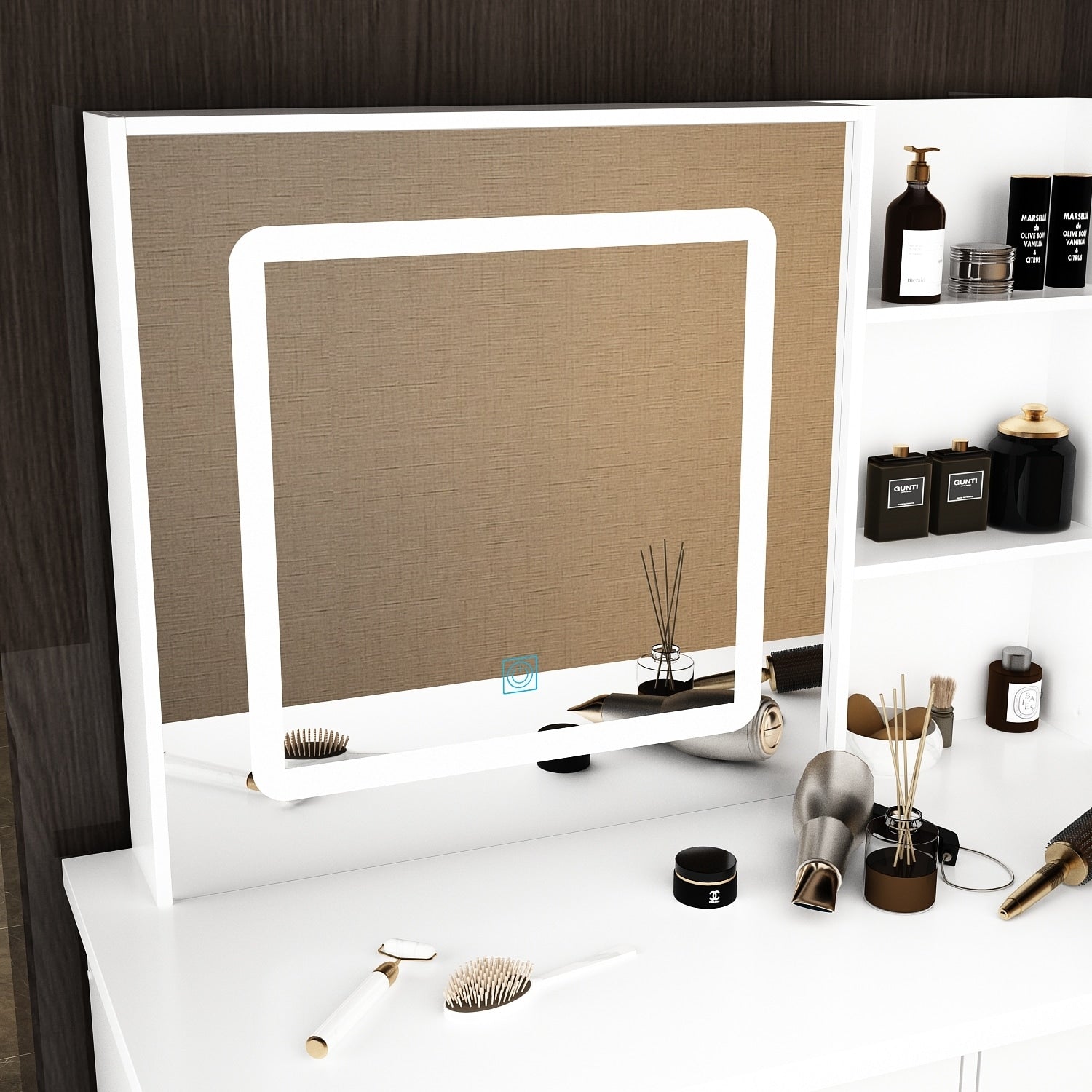 Ensemble coiffeuse de 100 cm de large avec tabouret et miroir.