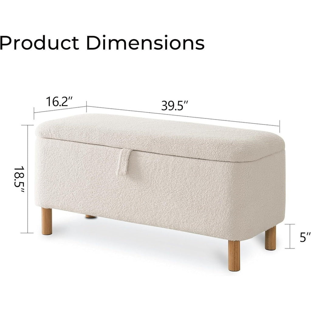 Pouf de rangement en boucle blanche cassée (39,5 cm), pouf de rangement en sherpa, repose-pieds de lit pour salon ou chambre, pieds en bois.