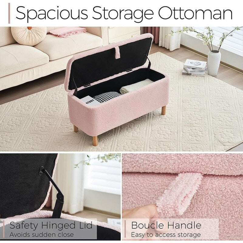 Pouf de rangement en boucle blanche cassée (39,5 cm), pouf de rangement en sherpa, repose-pieds de lit pour salon ou chambre, pieds en bois.