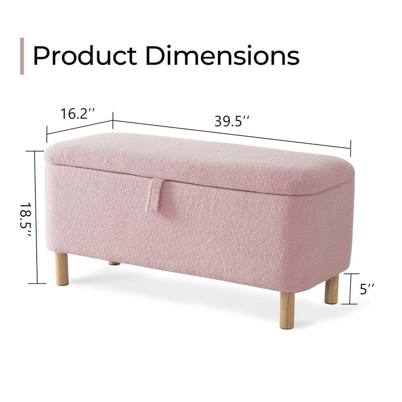 Pouf de rangement en boucle blanche cassée (39,5 cm), pouf de rangement en sherpa, repose-pieds de lit pour salon ou chambre, pieds en bois.