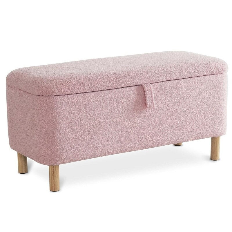Pouf de rangement en boucle blanche cassée (39,5 cm), pouf de rangement en sherpa, repose-pieds de lit pour salon ou chambre, pieds en bois.