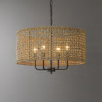 Lustre tambour bohème à 4 lumières, tissé à la main - Paille - 51 cm de diamètre