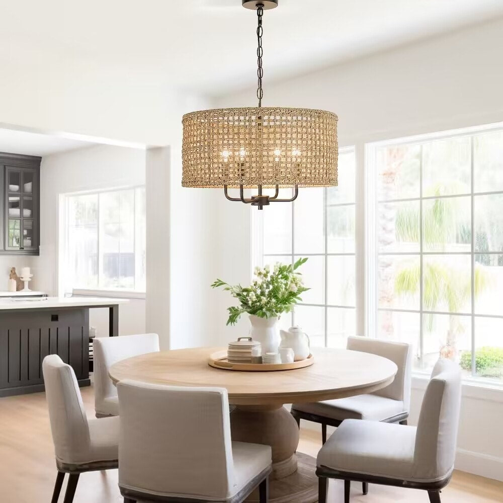 Lustre tambour bohème à 4 lumières, tissé à la main - Paille - 51 cm de diamètre