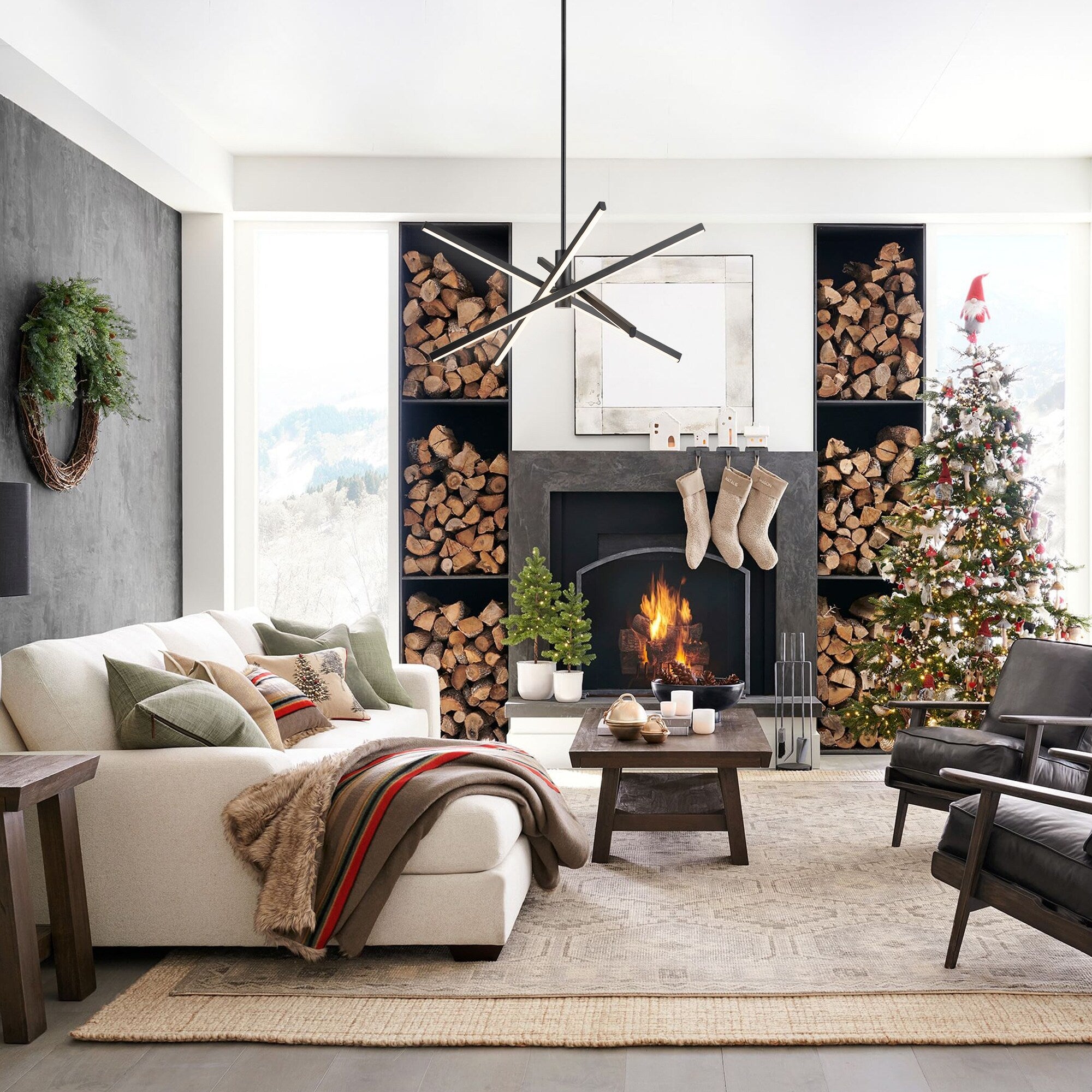 Lustre moderne en aluminium noir et or avec éclairage LED linéaire de type Sputnik, suspension pour salon/salle à manger/cuisine