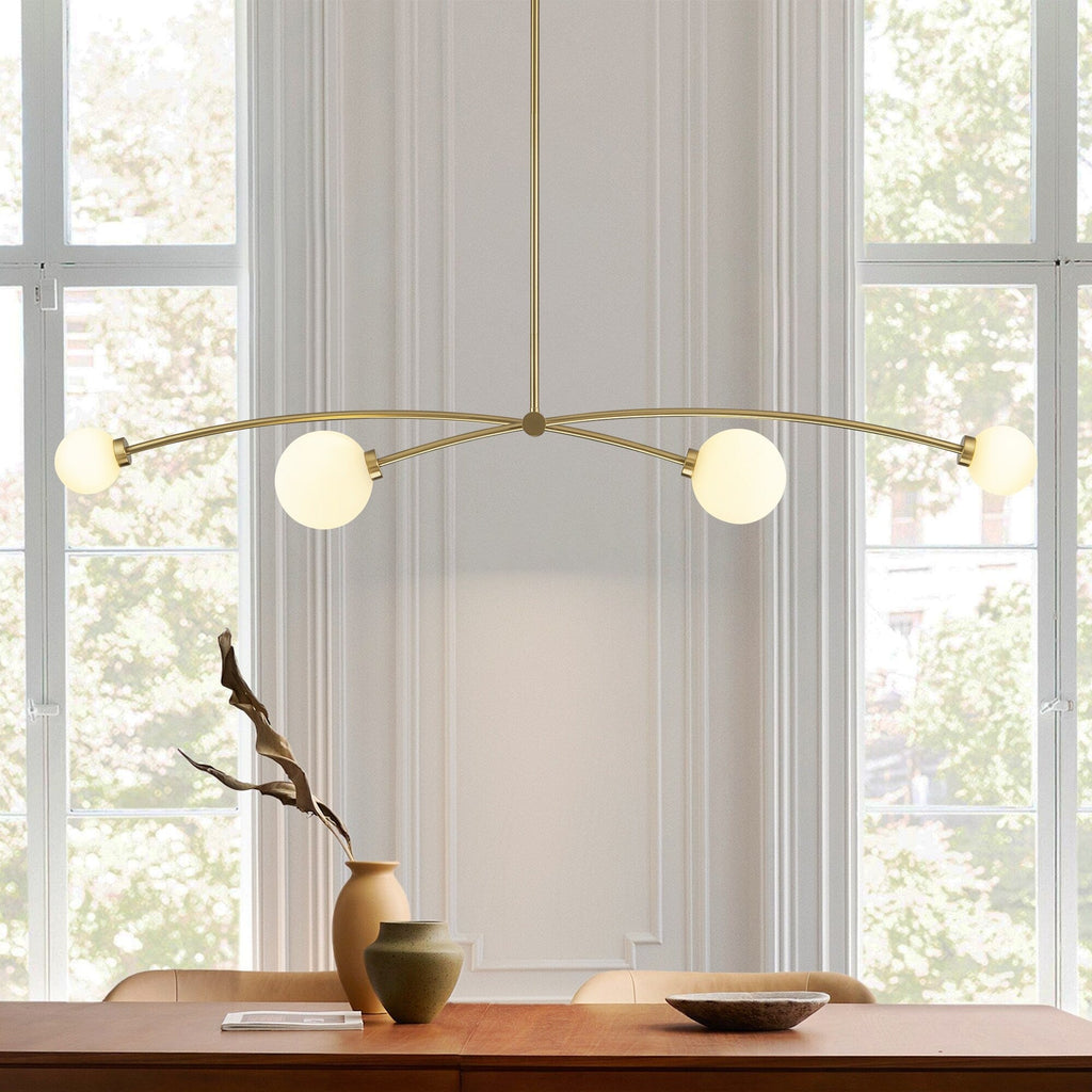 Suspension Sputnik linéaire moderne dorée à 4 lumières, style épuré, idéale pour îlot central ou salle à manger - 130 cm (L) x 28 cm (P) x 15 cm (H)