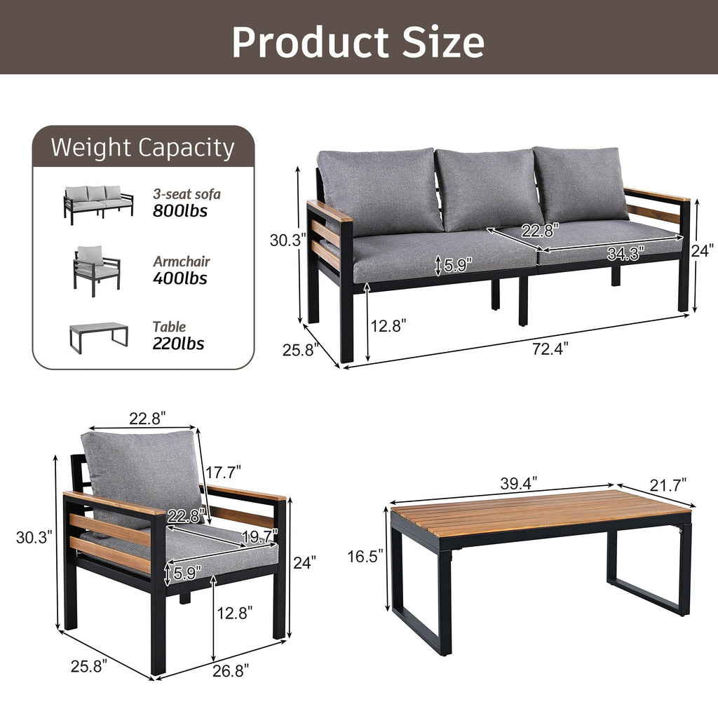 Ensemble de canapé d'extérieur 4 pièces pour 5 personnes avec coussin amovible et table basse en bois massif