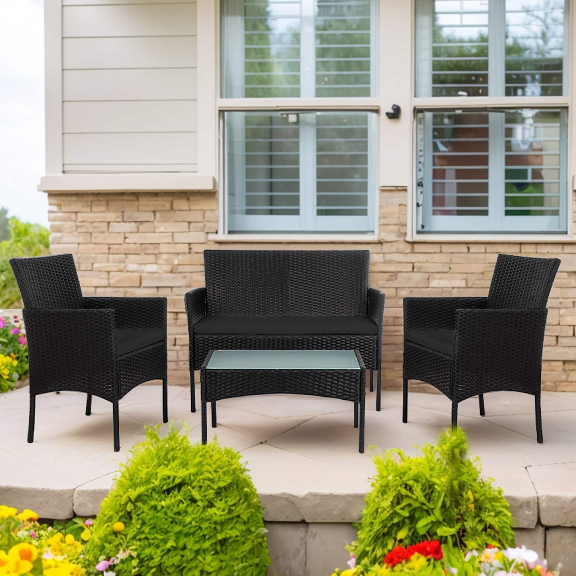 Ensemble de mobilier de jardin en résine tressée 4 pièces, canapé d'angle extérieur en rotin avec coussins