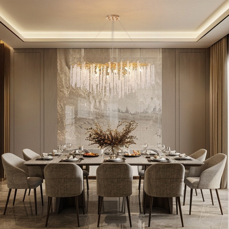 Lustre rectangulaire moderne en cristal doré de 101,6 cm (40 po) avec branches d'arbre, suspension pour îlot de cuisine ou salle à manger.